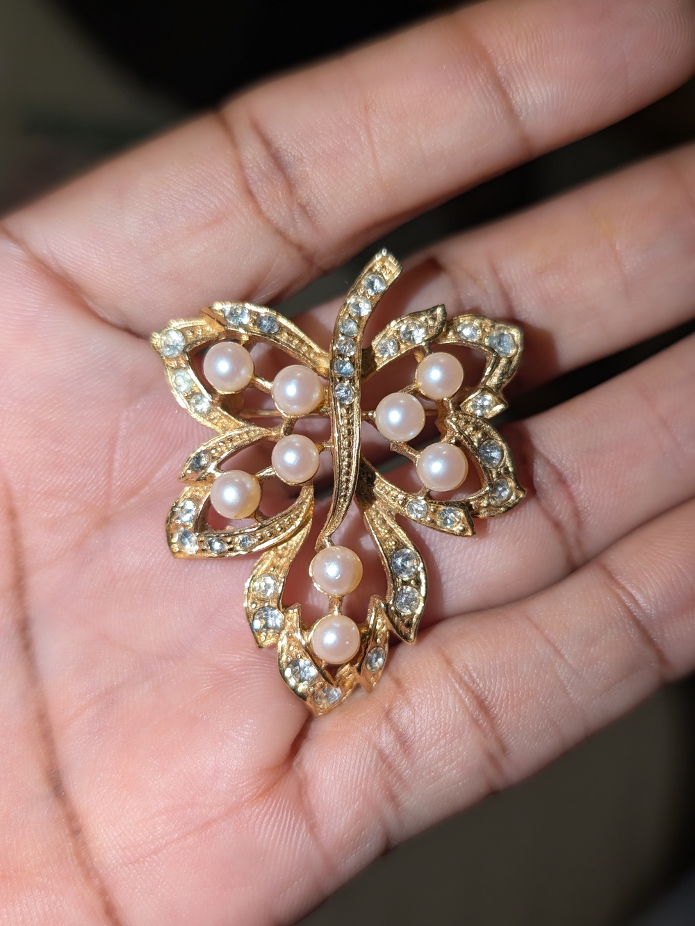 Gold Pearl & Crystal Butterfly Brooch - Elegant Women Jewelry